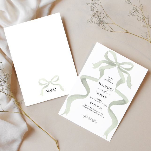 Modern Elegant Sage Green Bow Monogram Wedding Invitation (Creator Uploaded)