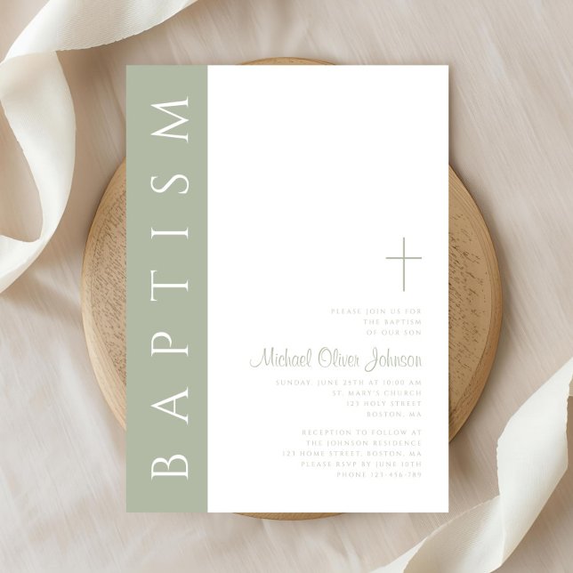 Modern Elegant Sage Green Cross Baptism Invitation (Modern Elegant Sage Green Cross Baptism Invitation)