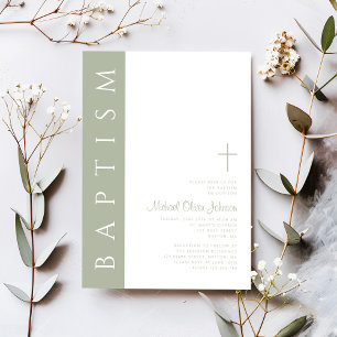Modern Elegant Sage Green Cross Baptism Invitation
