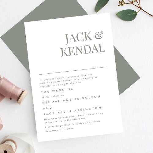 Modern Elegant Sage Green  Editable Names Wedding Invitation