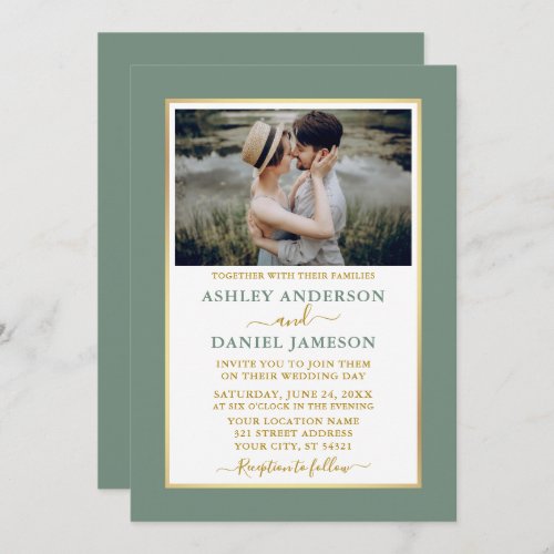 Modern Elegant Sage Green Gold Wedding Invitation