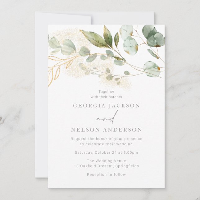 Modern Elegant Sage Green Leaves Wedding Invitation (Front)
