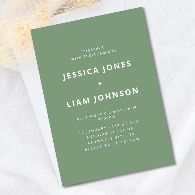 Modern Elegant Sage Green Minimalist Wedding Invitation (boho modern elegant chic greenery minimalist sage green and white wedding invitations, invites)