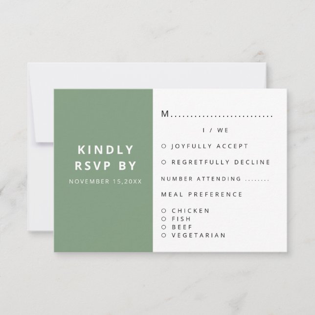 Modern Elegant Sage Green Minimalist Wedding  RSVP Card (Front)