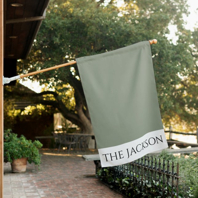 Modern Elegant Sage Green Monogram Personalised House Flag (In SItu)