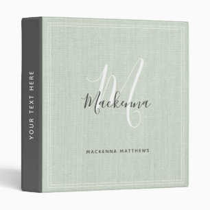 Modern Elegant Sage Green Monogram Script Linen 3 Ring Binder