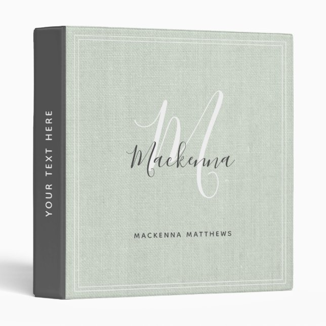 Modern Elegant Sage Green Monogram Script Linen 3 Ring Binder (Front/Spine)