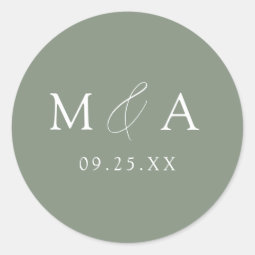 Modern Elegant Sage Green Monogram Wedding Classic Round Sticker | Zazzle