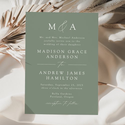 Modern Elegant Sage Green Monogram Wedding  Invitation