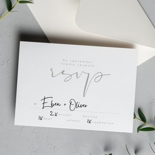 Modern Elegant Sage Green Neutral White Wedding RSVP Card