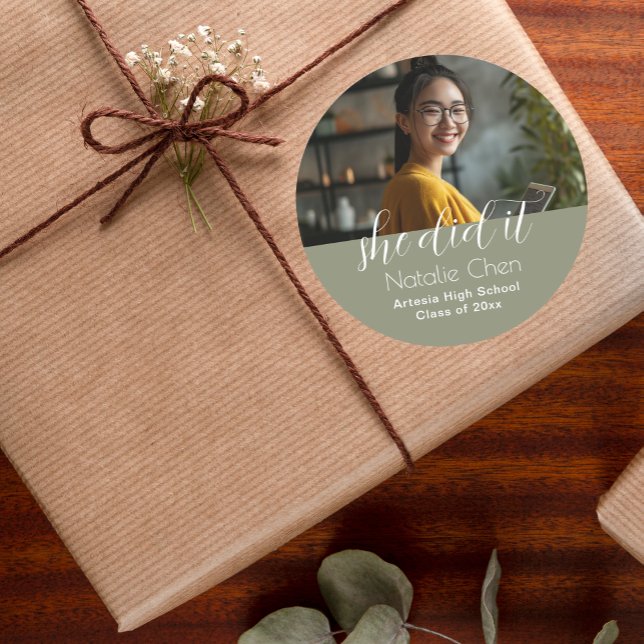 Modern Elegant Sage Green Photo Graduation  Classic Round Sticker (Creator Uploaded)