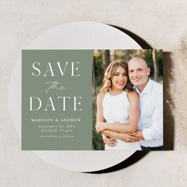 Modern Elegant Sage Green Photo Save The Date (Creator Uploaded)