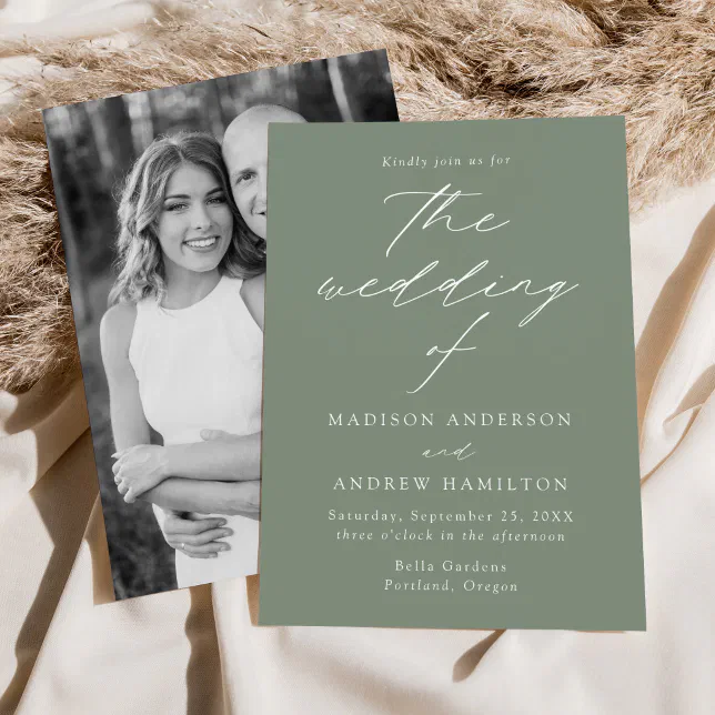 Modern Elegant Sage Green Photo Wedding Invitation | Zazzle
