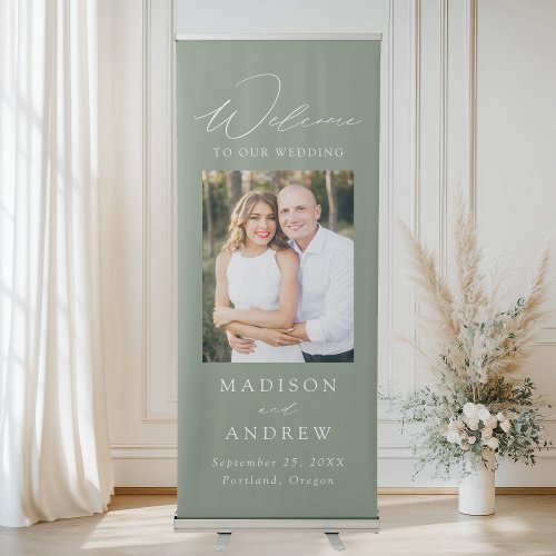 Modern Elegant Sage Green Photo Wedding Welcome Retractable Banner