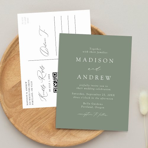 Modern Elegant Sage Green QR Code Wedding Invitation Postcard