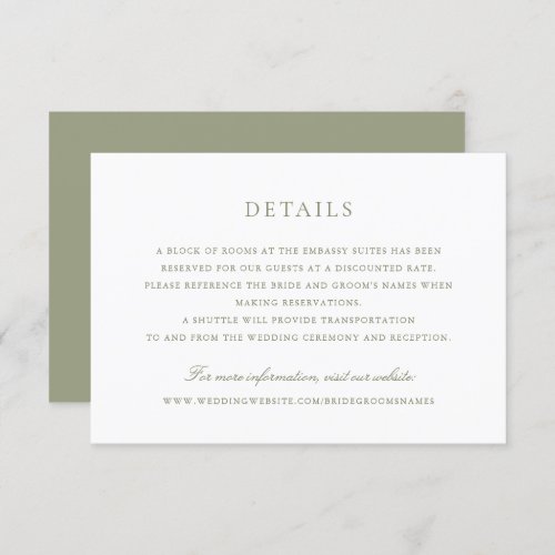 Modern Elegant Sage Green Script Wedding Details Invitation