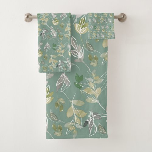 Modern Elegant Sage Green Silver Leaves Botanical Bath Towel Set