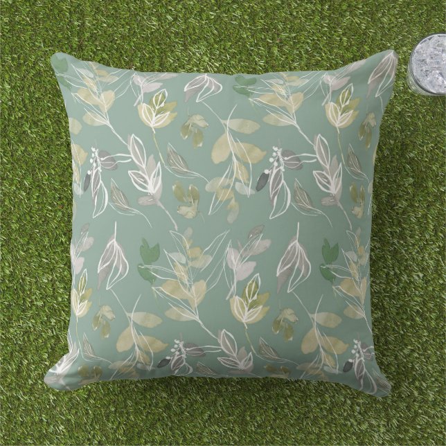 Modern Elegant Sage Green Silver Leaves Foliage  Outdoor Pillow (Grass)