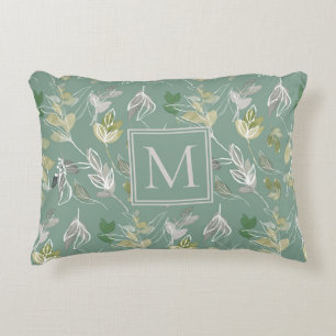 Modern Elegant Sage Green Silver Leaves Monogram Accent Pillow