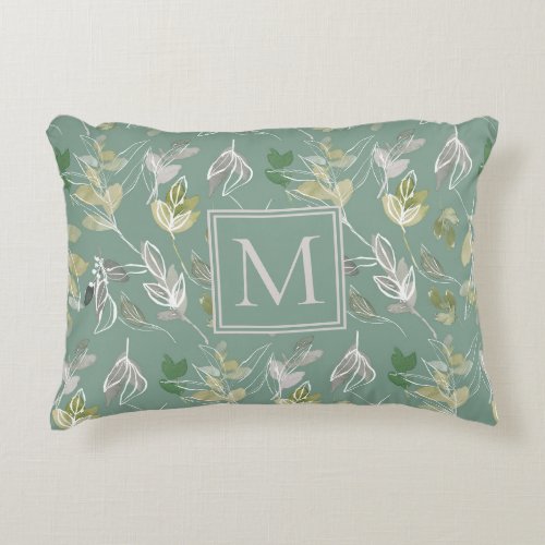 Modern Elegant Sage Green Silver Leaves Monogram  Accent Pillow