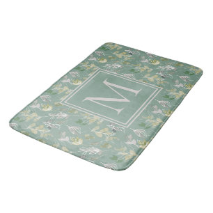Modern Elegant Sage Green Silver Leaves Monogram Bath Mat