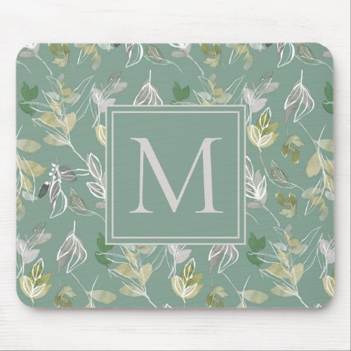 Modern Elegant Sage Green Silver Leaves Monogram Mouse Pad
