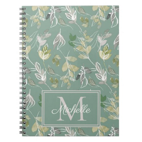 Modern Elegant Sage Green Silver Leaves Monogram  Notebook