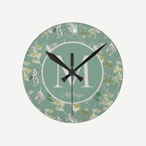 Modern Elegant Sage Green Silver Leaves Monogram  Round Clock