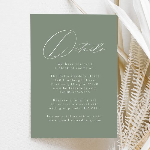 Modern Elegant Sage Green Wedding Details Enclosure Card