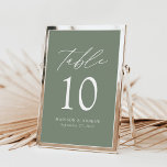 Modern Elegant Sage Green Wedding Table Numbers<br><div class="desc">Trendy, minimalist wedding table number cards featuring white modern lettering with "Table" in modern calligraphy script. The design features a sage green background or a color of your choice. The design repeats on the back. To order the sage green table cards: add your name, wedding date, and table number. Add...</div>