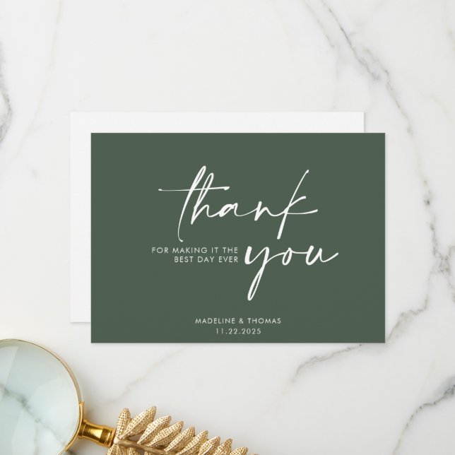 Modern Elegant Sage Green Wedding Thank You Card (Front/Back In Situ)