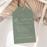 Modern Elegant Sage Green Wedding Welcome Gift Tags<br><div class="desc">These elegant calligraphy wedding welcome gift tags are perfect for both casual and formal weddings. The design features a modern white calligraphy script with a sage green background or color of your choice. Personalize the sage green wedding welcome gift tags with a short welcome message, your names, etc. The minimalist...</div>