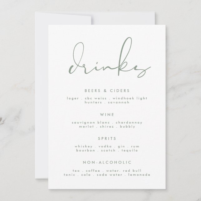 Modern Elegant Sage Green White Wedding Drink Menu (Front)