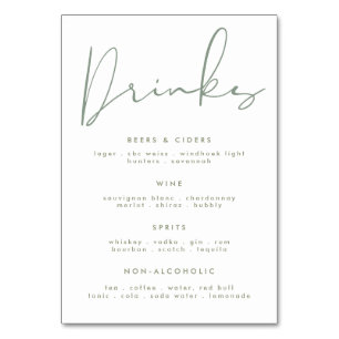 Modern Elegant Sage Green White Wedding Drink Menu Table Number