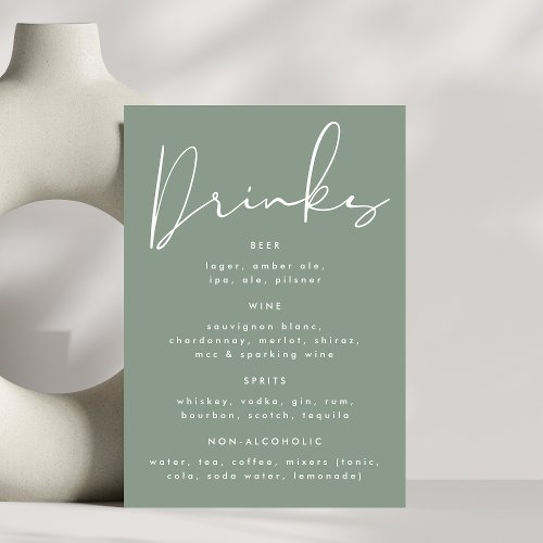 Modern Elegant Sage Green White Wedding Drink Menu Table Number