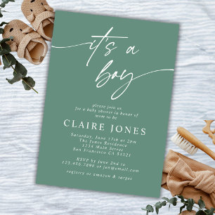 Modern Elegant Sage Its a Boy Script Baby Shower Invitation