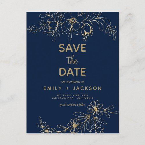 Modern Elegant Save the Date Floral Gold Navy Blue Announcement Postcard