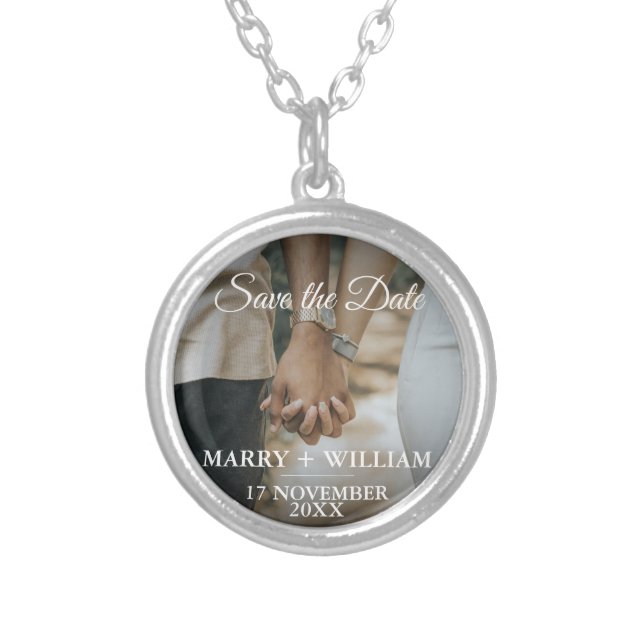 Modern Elegant Save The Date Photo Gift Silver Plated Necklace (Front)