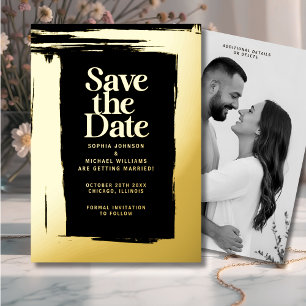 Modern Elegant Save the Date Photo Gold Black Foil Holiday Card