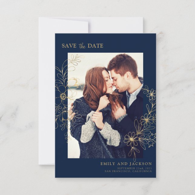 Modern Elegant Save the Date Photo Gold Floral (Front)