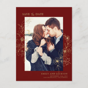 Modern Elegant Save the Date Photo Gold Floral Announcement Postcard