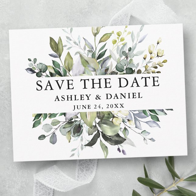 Modern Elegant Save the Date Watercolor Greenery Postcard (Customize to change text size or text style.)