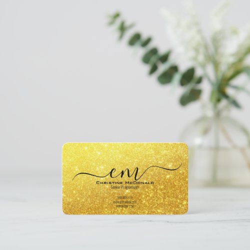 Modern Elegant Scrip Monogram Gold Glitter Business Card