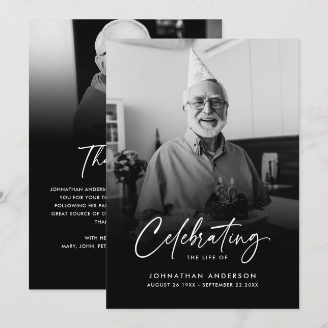 Modern Elegant Script 2-Photo Funeral/Memorial Thank You Card (Front/Back)