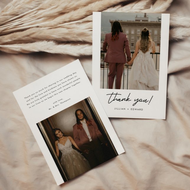 Modern Elegant Script 2-Photo Wedding Thank You Card (Creator Uploaded)