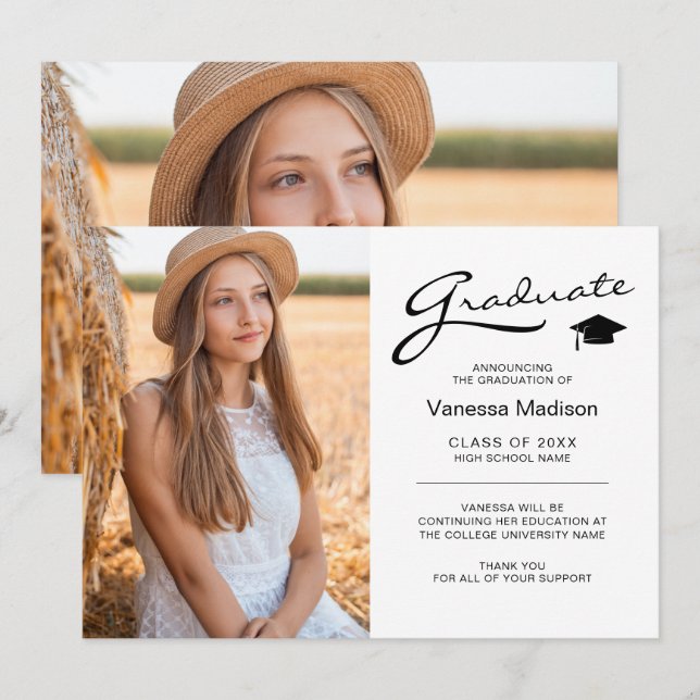 Modern Elegant Script 2 Sided Photo Grad Announcement (Front/Back)