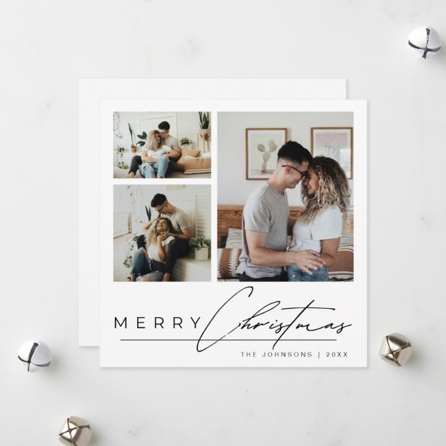 Modern Elegant Script 3 Photo Collage Christmas Holiday Card (Front/Back In Situ)
