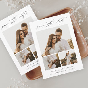 Modern Elegant Script 3 Photo Collage Save The Dat Magnetic Invitation