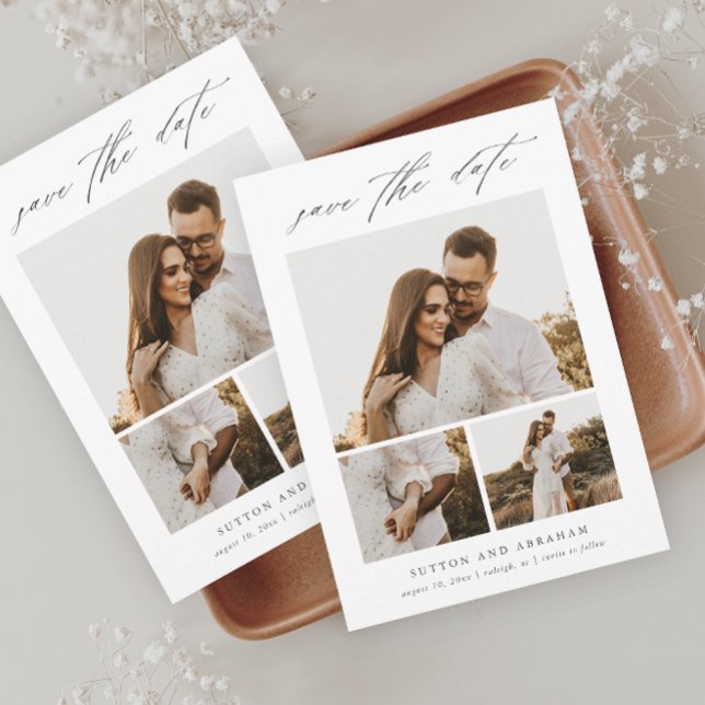 Modern Elegant Script 3 Photo Collage Save The Dat Magnetic Invitation (Modern Elegant Script 3 Photo Wedding Save the Date Magnetic Card.)