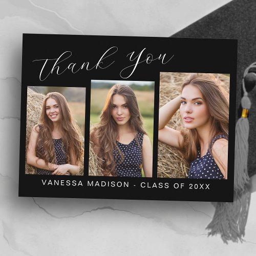 Modern Elegant Script 3 Photo Graduation Thank You Postcard